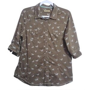 Brown Button-Up Shirt with Horse Print